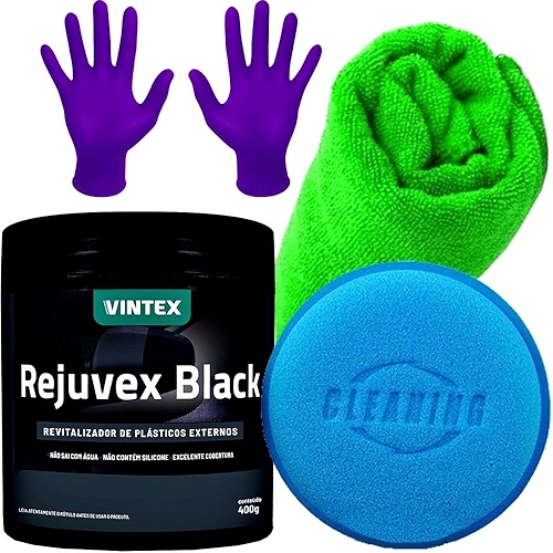 Kit Rejuvex Black Vintex Produto Revitalizador de Plásticos da Moto Carro Selante Pano Aplicador e Luva