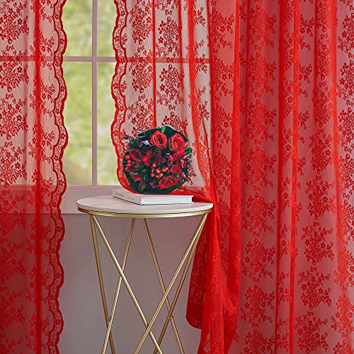 Red Sheer Curtains 63 Inch Length 2 Panels Set, Lace Christmas Curtains For Bedroom Winter Window Treatments For Holiday Living Room Dining Room Bedroom Decor Xmas Decorations 52 X 63 Inches ,Red #TOP2