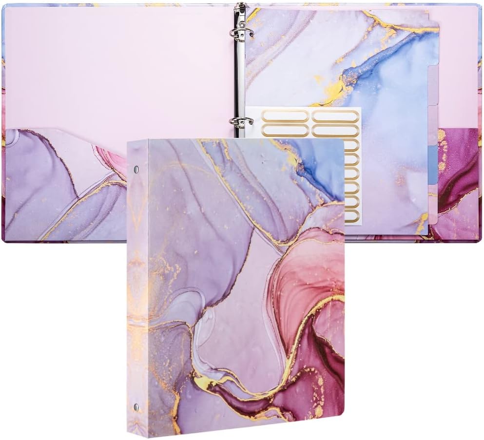 Cute Binders! Decorative Hardcover 3 Ring Binder 1 Inch (Letter-Size) with 5-Tab Dividers and File Folder Labels. Pink Marble Three Ring Binder for Cute School Supplies and Office Supplies