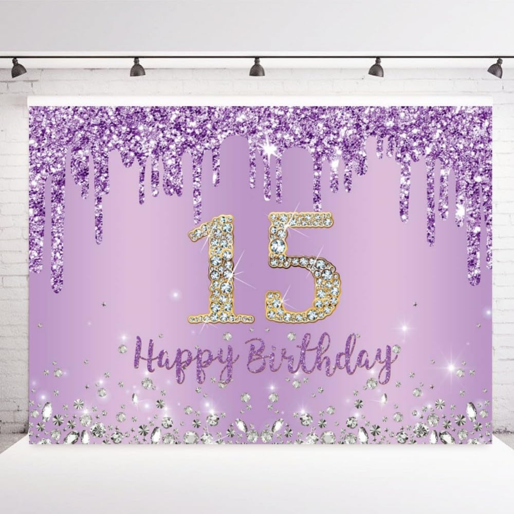 INRUI Purple Happy 15th Birthday Photography Background Girls Sweet Fifteen Years Old Birthday Party Decorations Backdrop 7x5FT