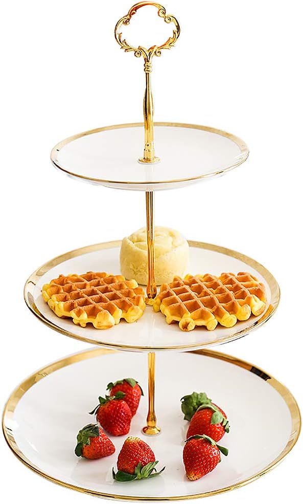 Iamagie Cupcake Stand Tower Dessert Display Plate 3-Tier Round White Ceramic Serving Tray Dish Treat Stacked Pastry Fruit Serving Platter Tree Stand for Gift Tea Party Restaurant, Gold Edge