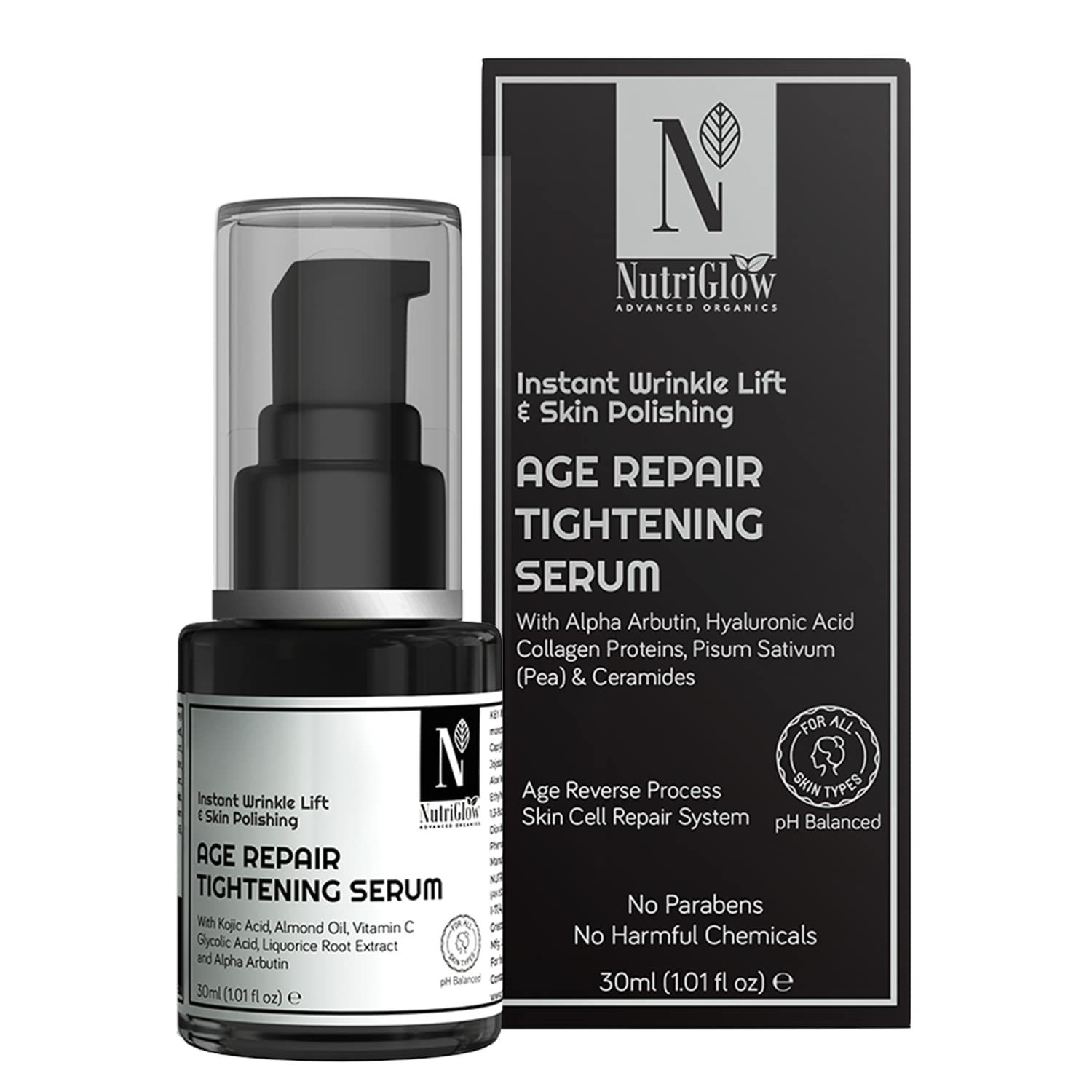 Nutriglow Advanced Organics Age Repair Tightening Serum for Wrinkle reduction with Hyaluronic Acid - For Men and Women, 30ml