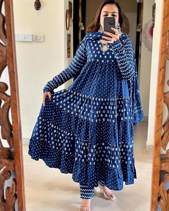 Women Cotton Indigo Hand Block Printed Kurta Pant With Dupatta2