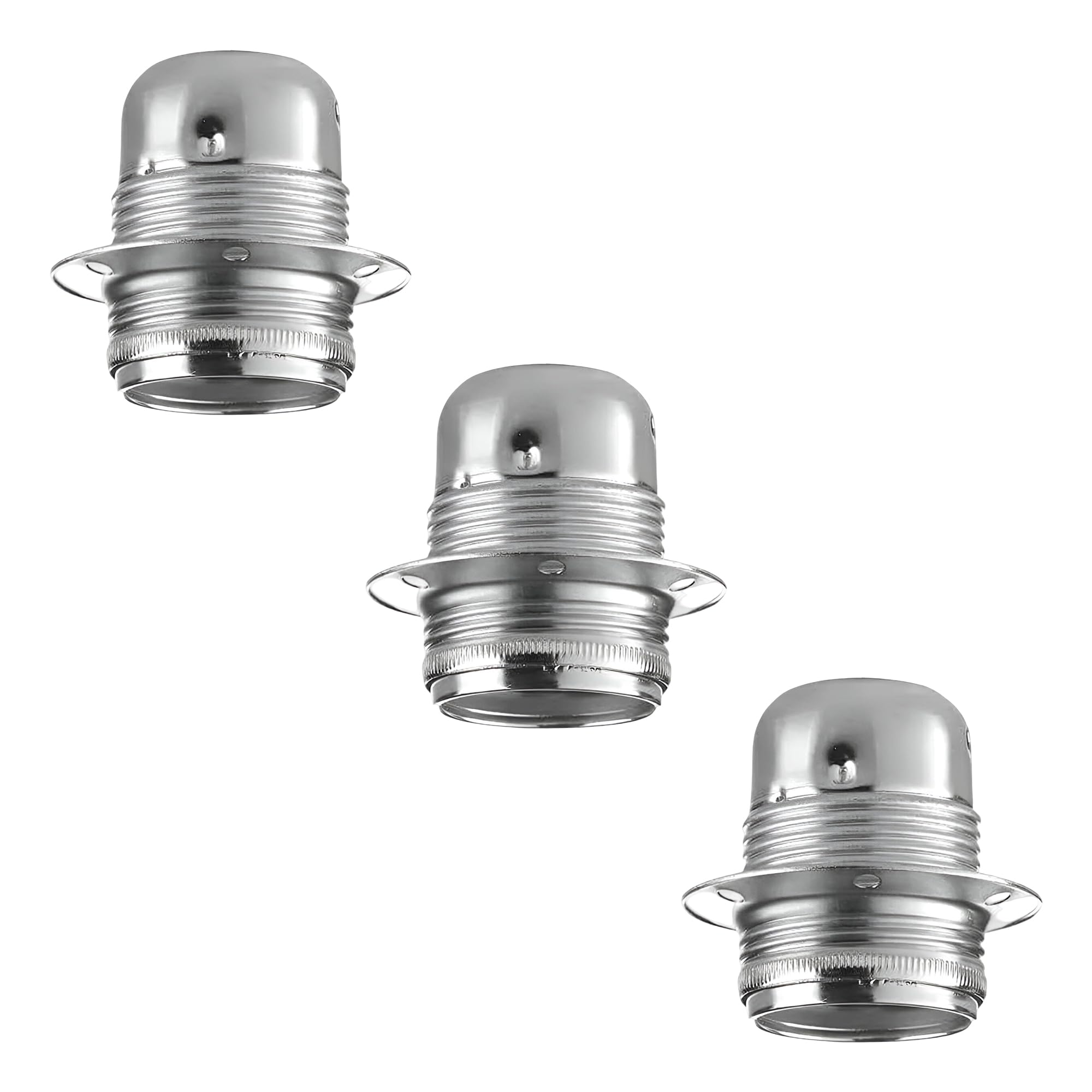 Set of 3 E27 Polished Chrome Lamp Holders, Vintage Industrial Screw Socket for Edison LED Bulbs, Ideal for DIY Pendant Ceiling Lighting, Strong Metal Light Fitting for Home Decor
