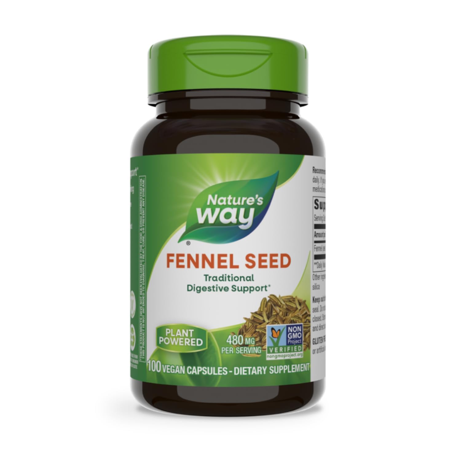 Nature's Way Fennel Seed, Traditional Digestive Support*, 480 mg per Serving, Gluten Free & Vegan, Non-GMO Project Verified, 100 Capsules (Packaging May Vary)