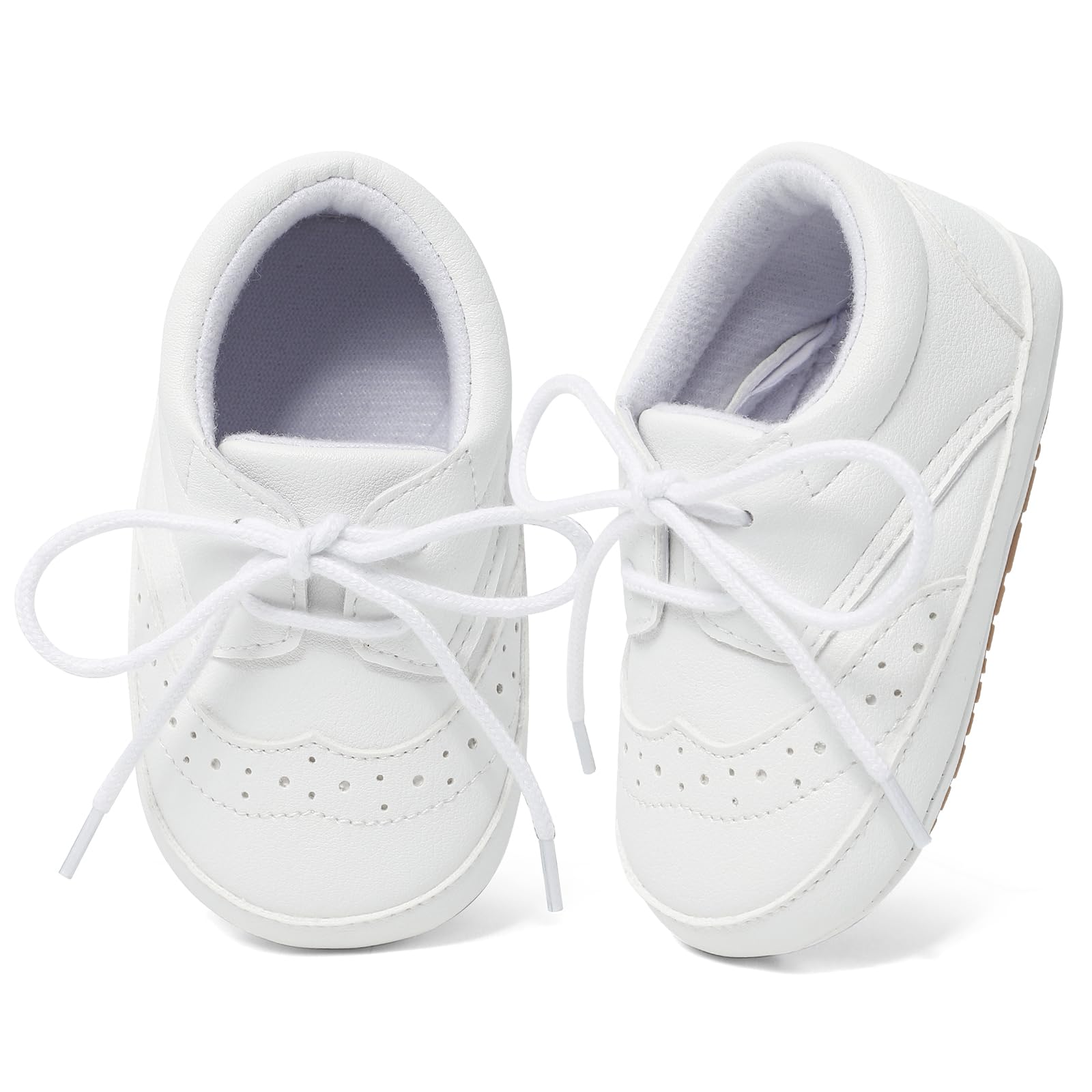 ESTAMICO Baby Boys Soft PU Sneakers Anti Slip First Walking Shoes Lightweight Prewalker, White 12-18 Month Toddler