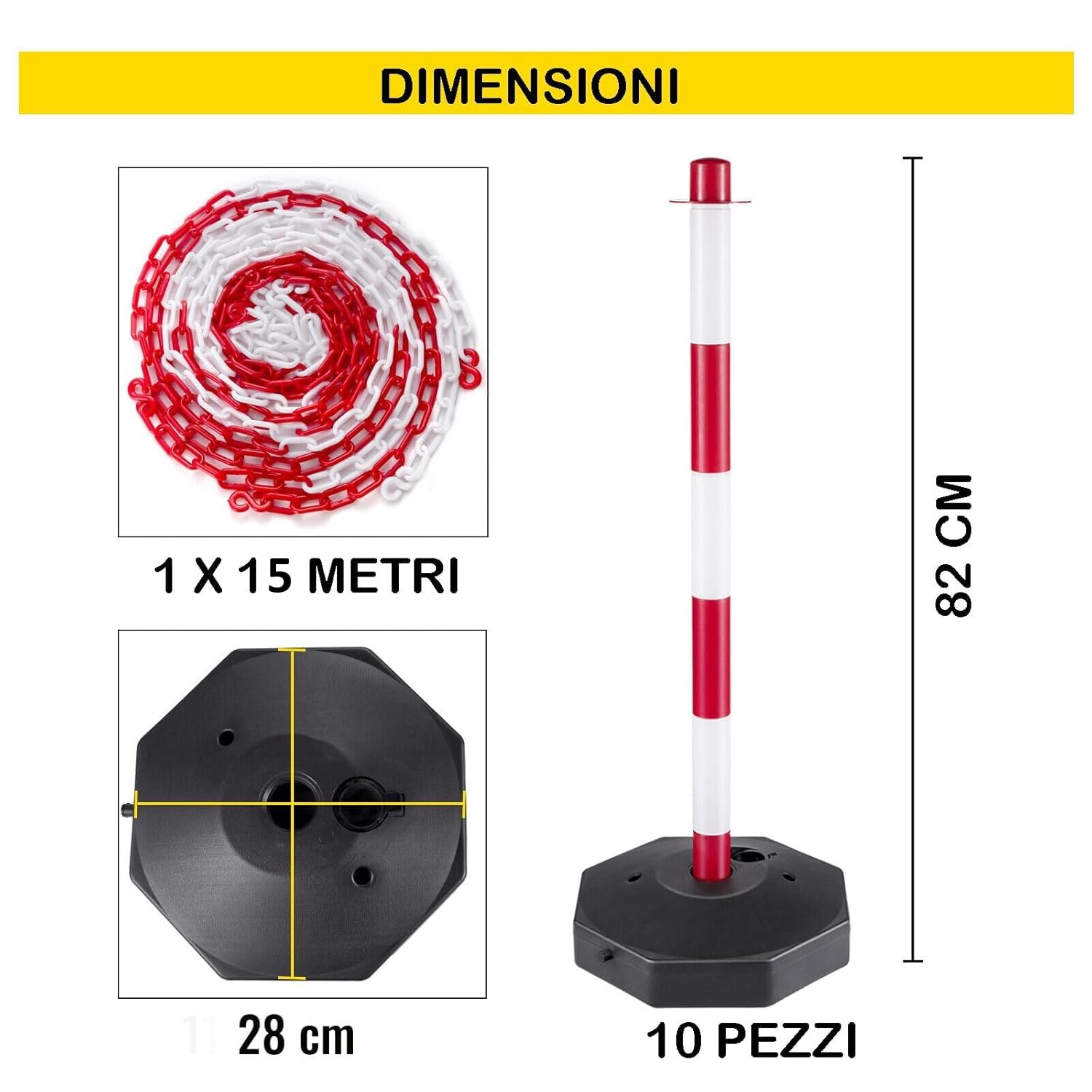 DMS- SET 10 PALETTI SEGNALETICI/PARCHEGGIO + CATENA DA 15 MT + 18 GANCI AD ESSE