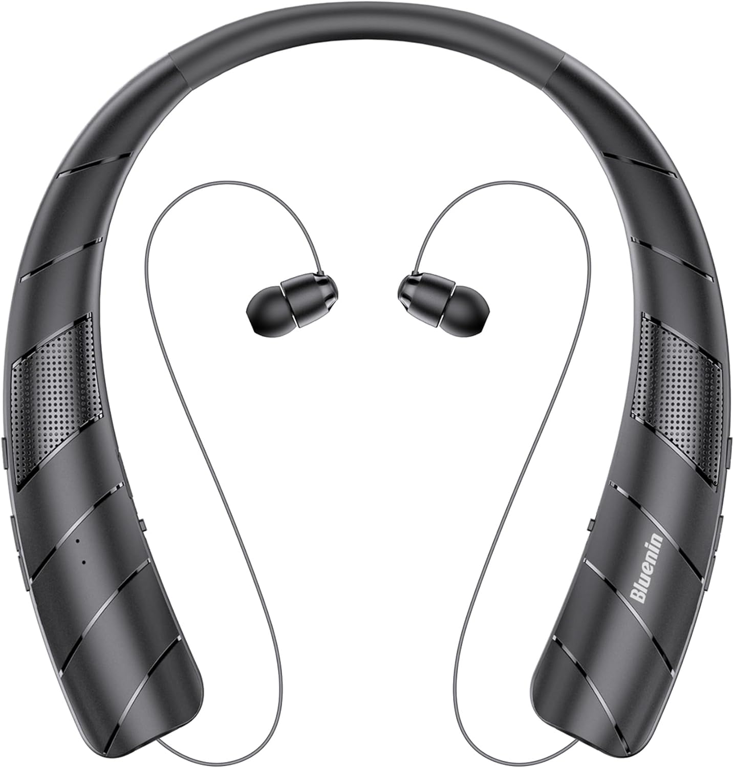 Neckband Bluetooth Headphones Speaker 2 in 1，Wireless Wearable Speaker with Retractable Earbuds, 15Hrs Playtime, Portable Speaker and Headset w/Bulit in Mic for Home, Office and Outdoors (Black)