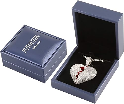 Miniatura 6 de putouzip Men Broken Heart Chains 18k Gold Plated Fully Iced Out Pendant Link Chain Necklace