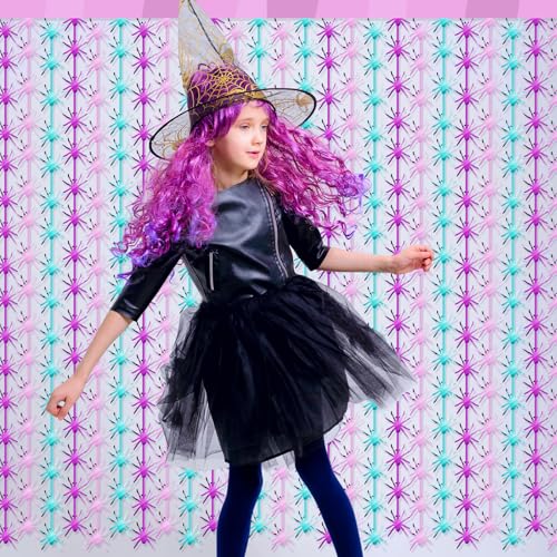 Image of Yuntau 2 Packs Spider Birthday Decoration Pink Purple and Blue Spider Birthday Party Supplies 3.3 x 6.6 ft Tinsel Foil Fringe Curtains Props Backdrop Streamers Halloween Party Supplies