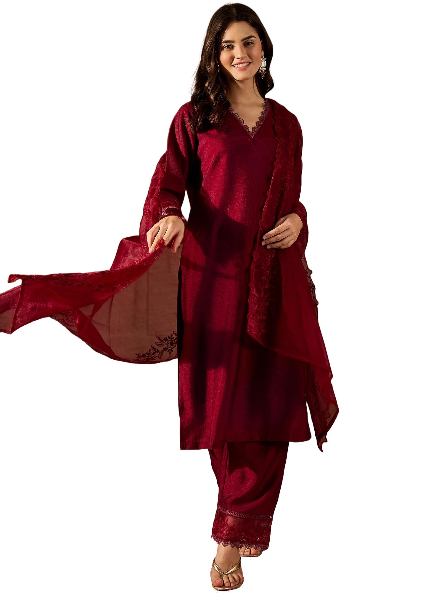 Women's Solid Silk Blend Kurta And Pant Set With Embroidery Organza Dupatta Ethnic Wear Salwar Suit Set(ES_2537)