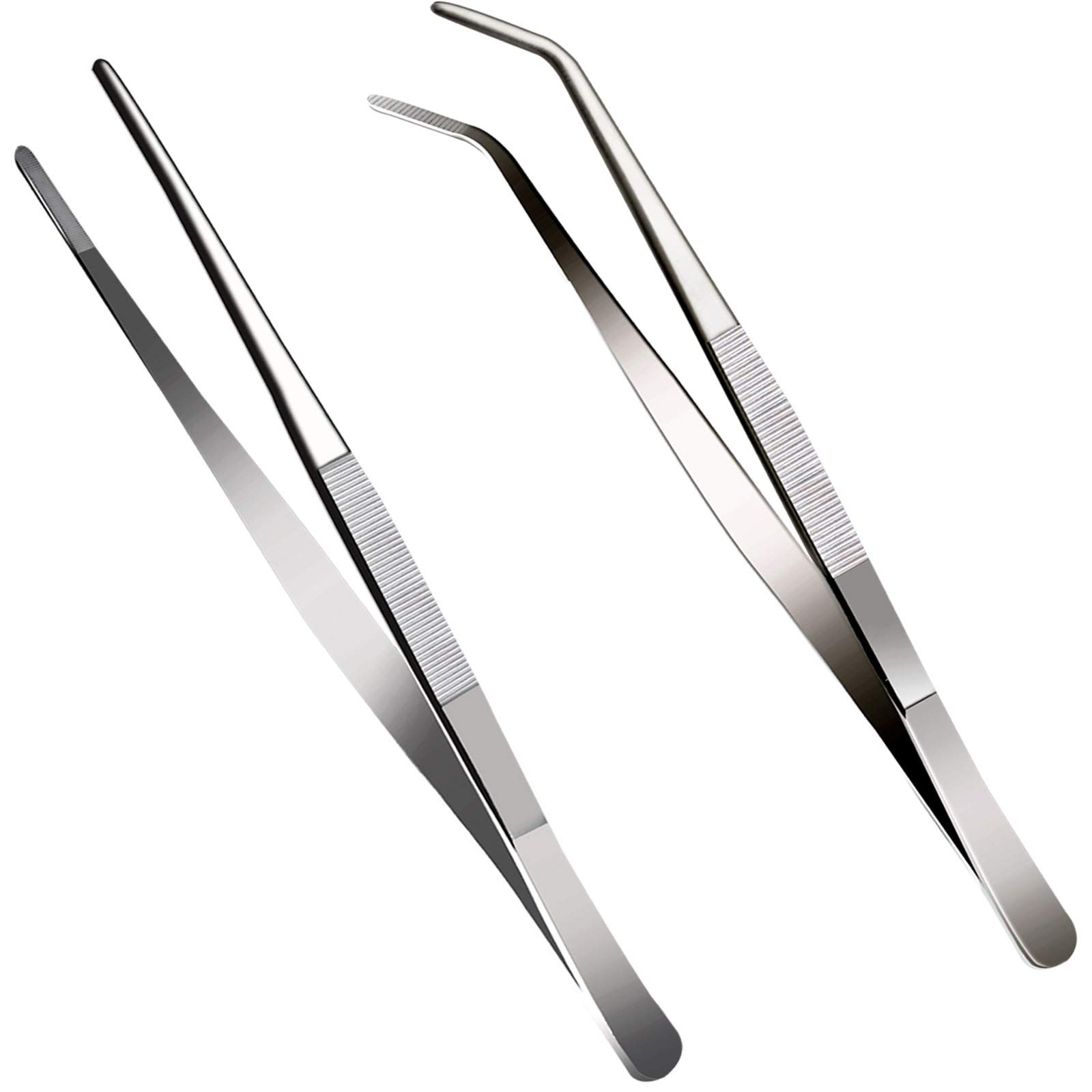 2 Pcs 10" Stainless Steel Professional Kitchen Cooking BBQ Tongs Tweezers with precision serrated tips for surgical & sea food