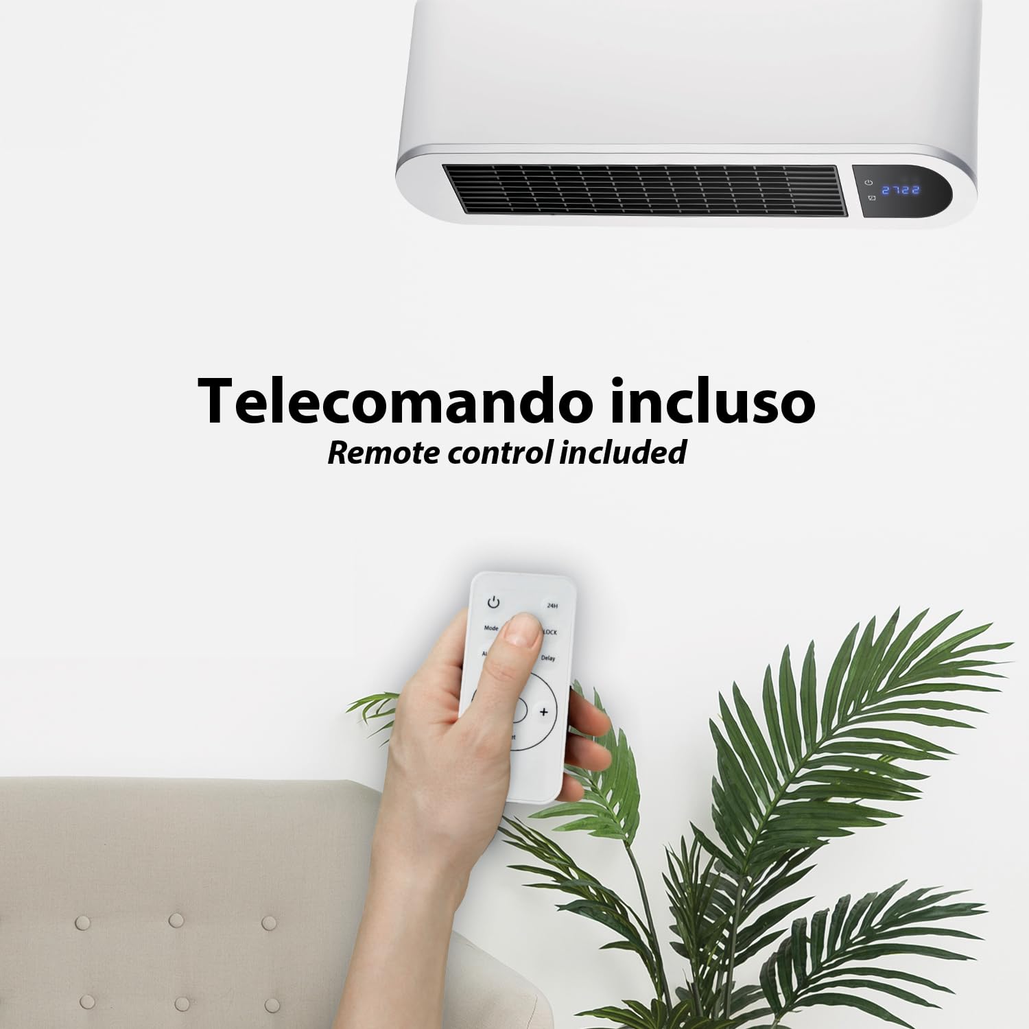 VELAMP - Termoventilatore Ceramico 2000W per Spazi da 20m² e Bagno Antispruzzi - Stufa Elettrica da Parete con Display e Telecomando - Radiatore a Riscaldamento Rapido, Timer Regolabile e Ventilazione