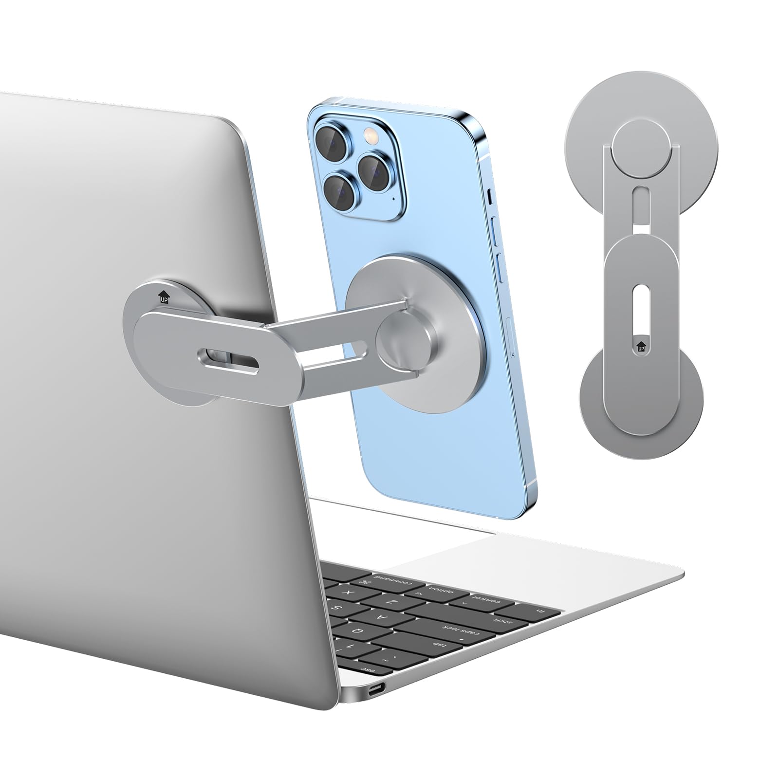 Magnetic Phone Holder for Laptop for MagSafe for iPhone 17/16/15/14/13/12 & All Phones, 180°Adjustable Phone Side Mount for Computer Monitor for Tesla, Desktop Cell Phone Bracket, Gray