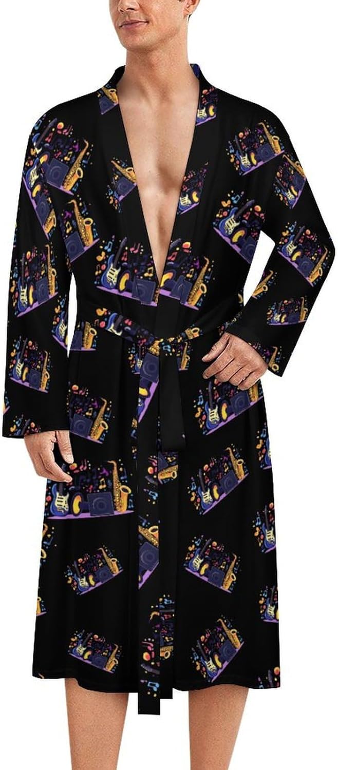 Music Note Guitar Saxophone Mens Robe Long Bathrobe for Women Bath Robes Lightweight Soft Printed Sleepwear