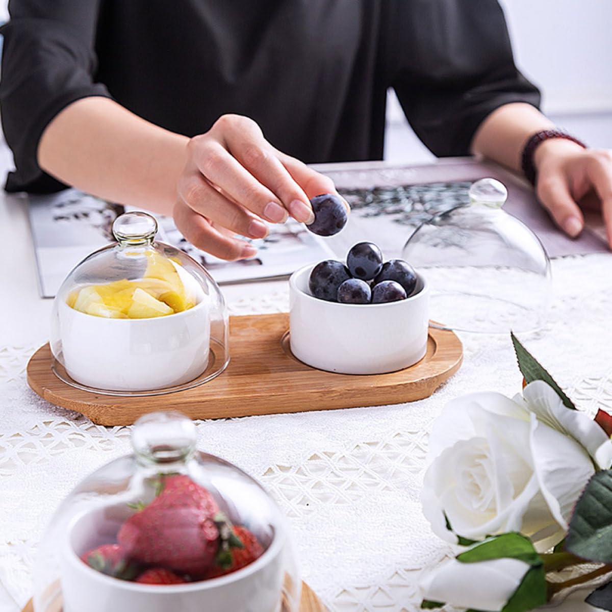 iplusmile Bol para Servir Postres y Ensaladas con Tapa de Vidrio Transparente y Bandeja para Uso Doméstico y Regalo de Inauguración de Casa