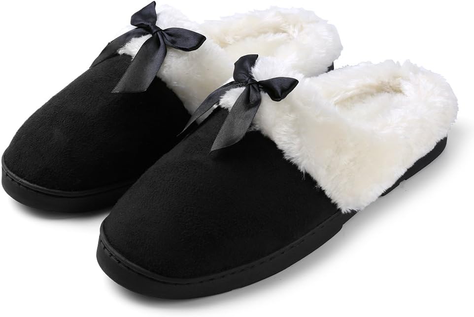 ROXIE Womens Memory Foam Fluffy Fur Slippers Fuzzy Plush Lining Slip On Clog House Shoes for Indoor Outdoor Use