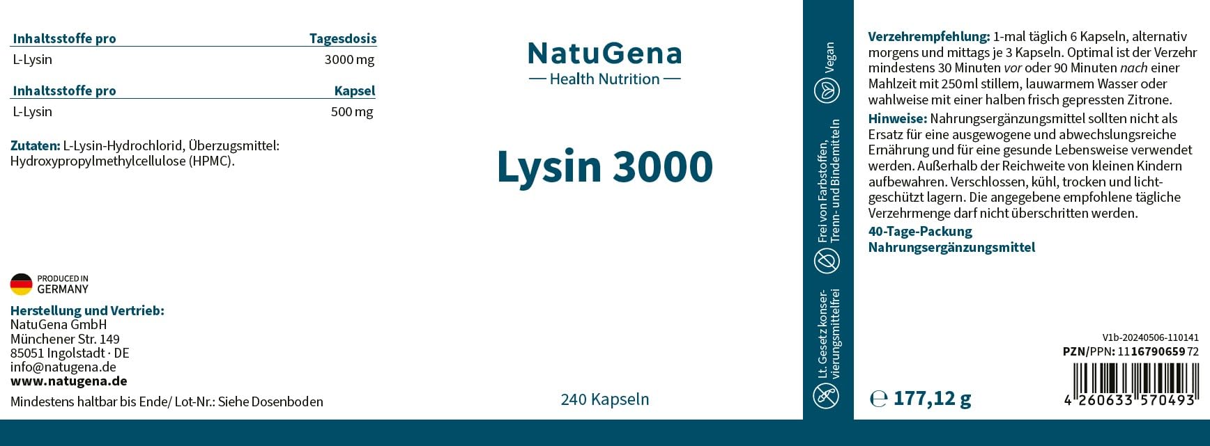 NatuGena Lysin 3000, hochdosierte bioidentische Lysin-Rezeptur, 240 HPMC-Kapseln (40 Tage Packung)