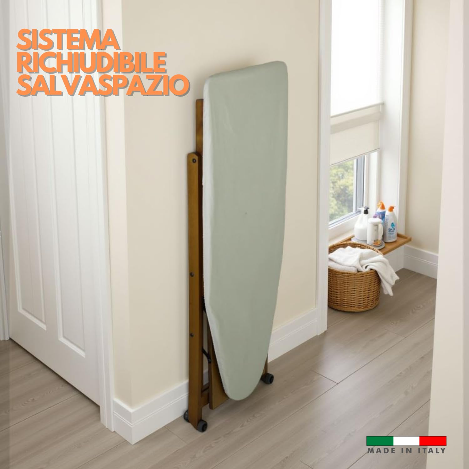 Marvin Asse da Stiro in Legno di Faggio Lara Richiudibile con Ruote e Ripiano Porta Biancheria Robusto Pieghevole Salvaspazio Made in italy (Noce)