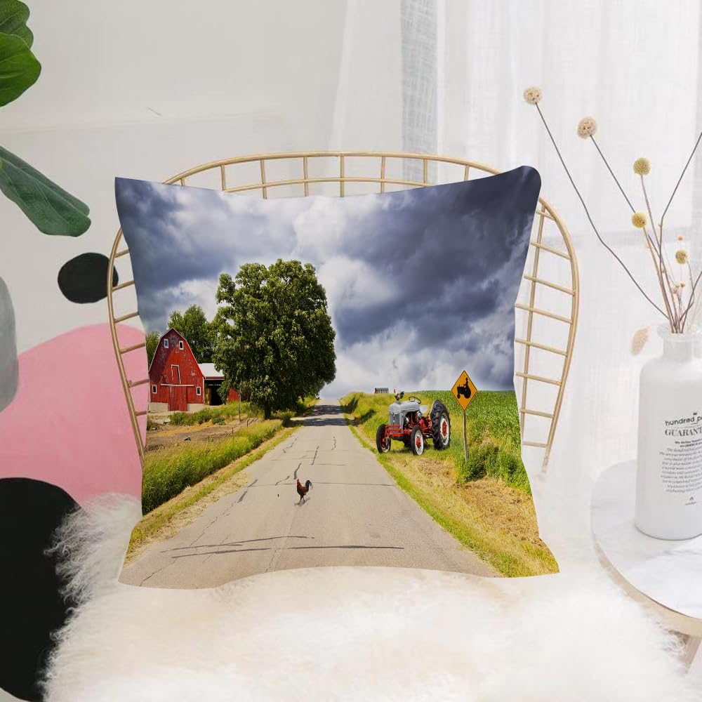 HYMSXW Cushion Cover,Throw Pillow Case Home Decorative for Living Room Bedroom Sofa Chair 20X20 Inch,Country Road With Red Barn and Tractor On Side,Pillowcase 50X50cm