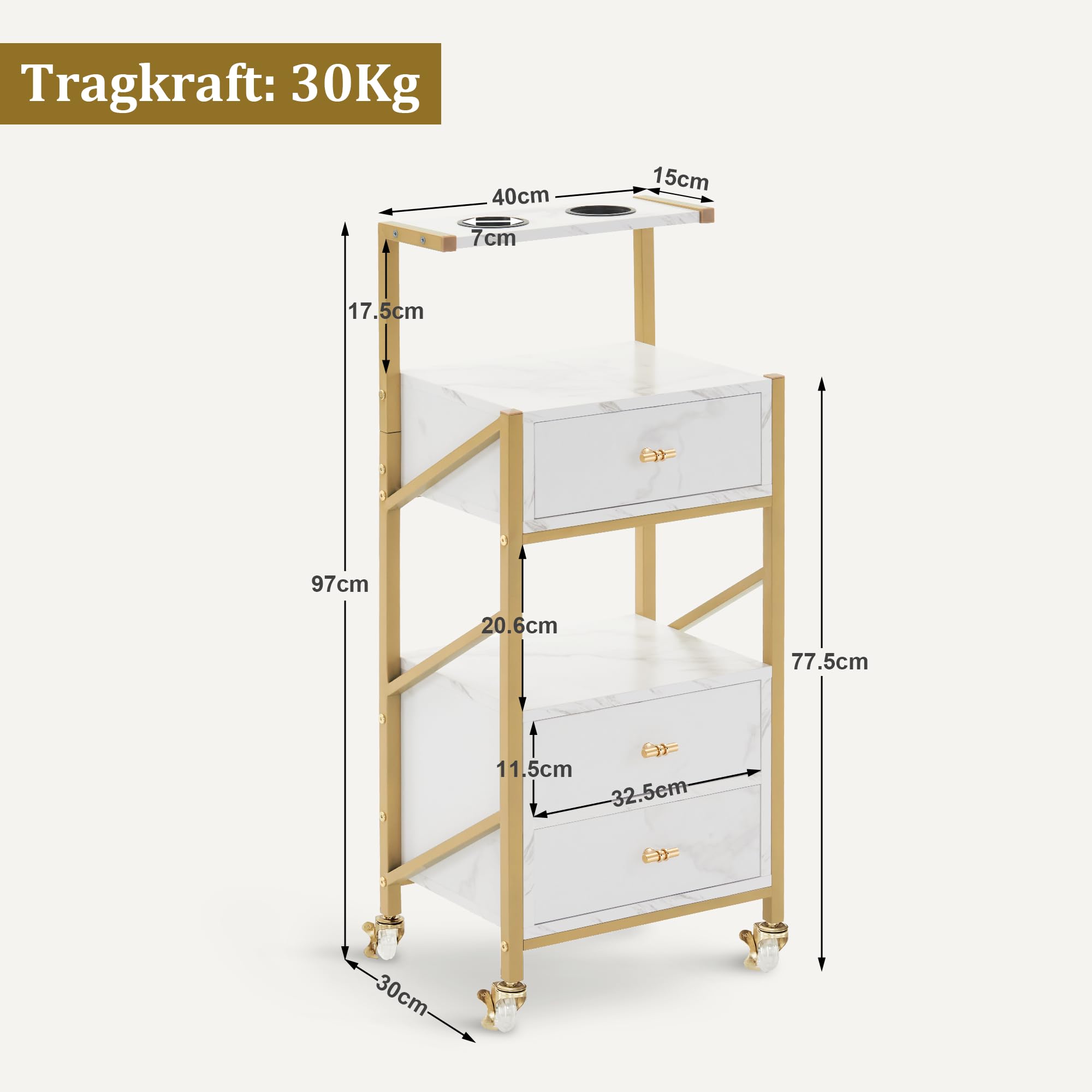 M MCombo Servante de Service avec roulettes et 3 tiroirs, Servante de Salon avec 2 étagères, Servante de Travail pour la Salle de Bain, 30x40x97cm, 0048