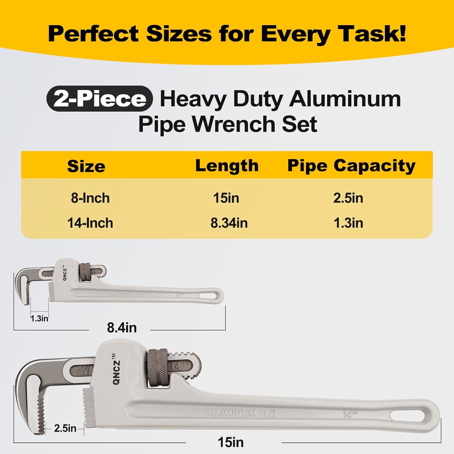 QNCZ 2-Piece Pipe Wrench - 8" 14" Heavy Duty Aluminum Pipe Wrench Set, Wrench for Plumbers, Pipe, Home, Auto Repair, Plumbers Wrench