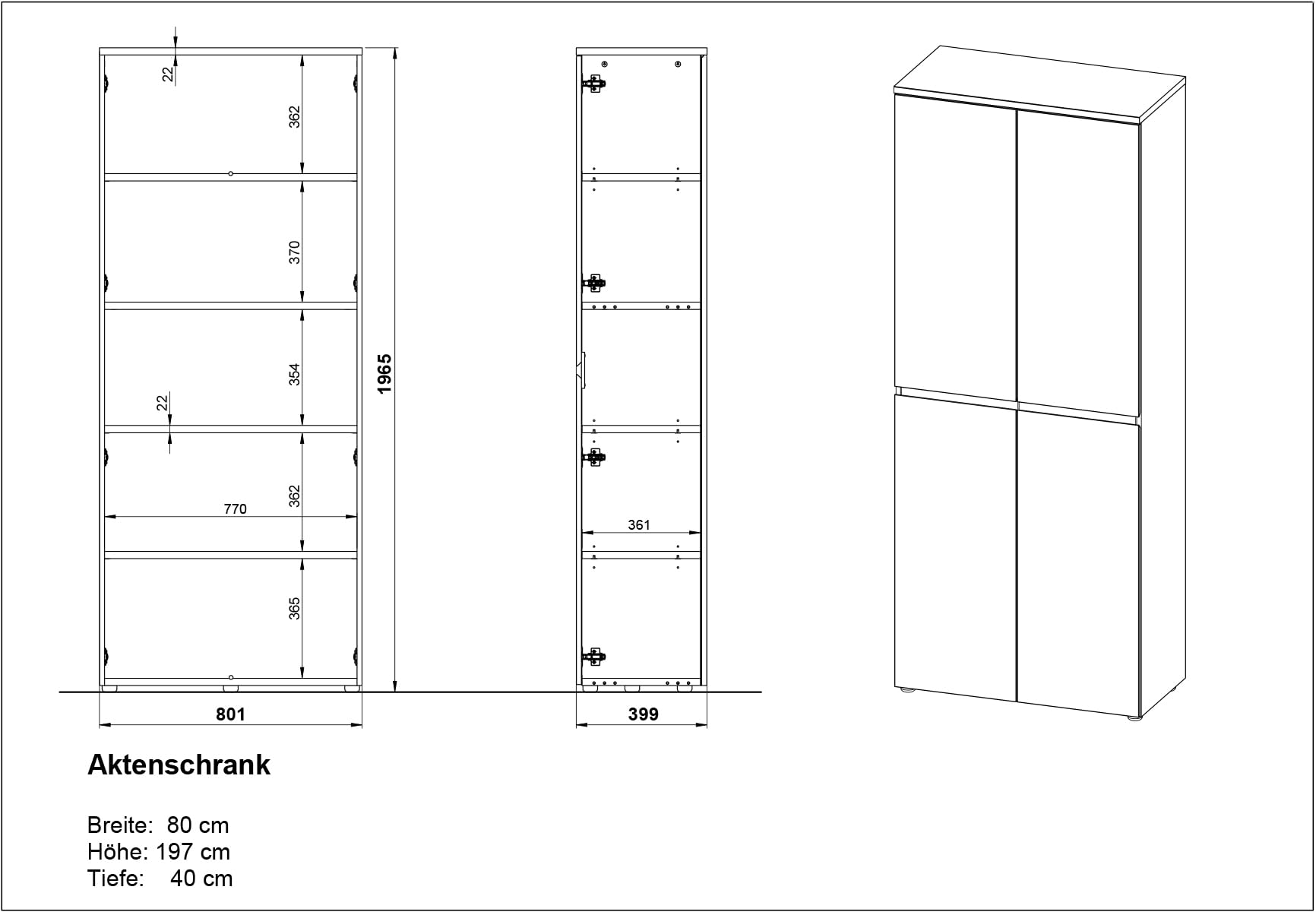 Aktenschrank GW-Lissabon, mit Zwei Türen und Vier verstellbaren Einlegeböden, griffloses Design, 80 x 197 x 40 cm (BxHxT)