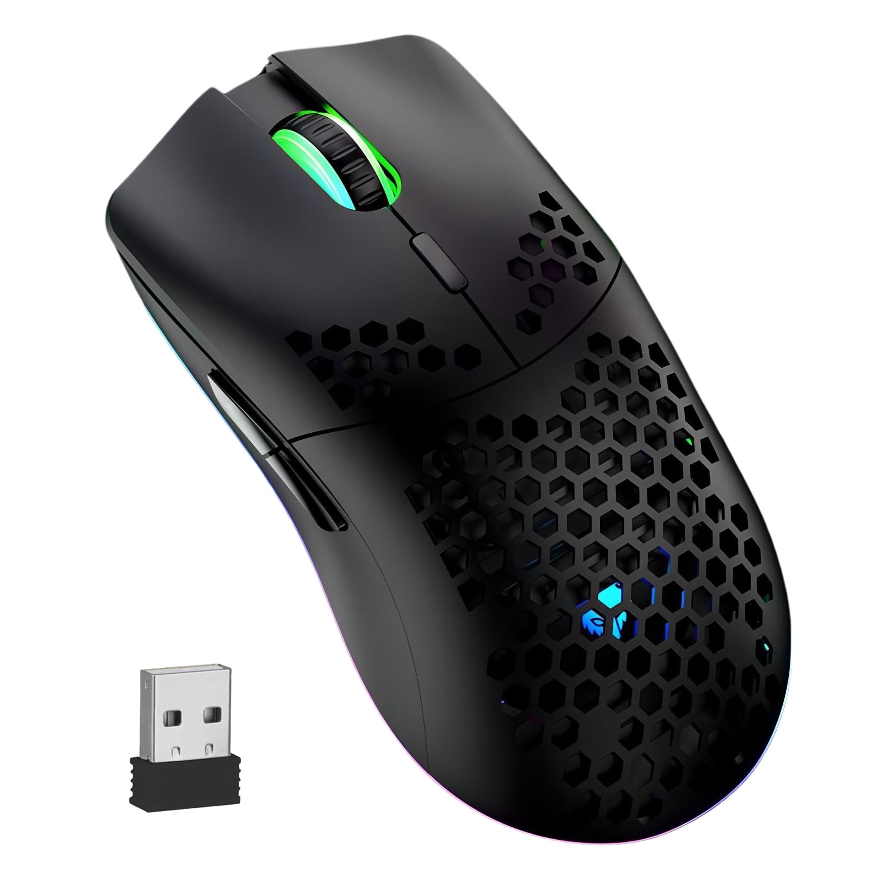 MengshenWireless Gaming Mouse Honeycomb, RGB Game Mice with Lightweight Shell High Precision Optical Sensor Adjustable 3200 DPI Ergonomic for Windows PC & Laptop Gamers (Black)