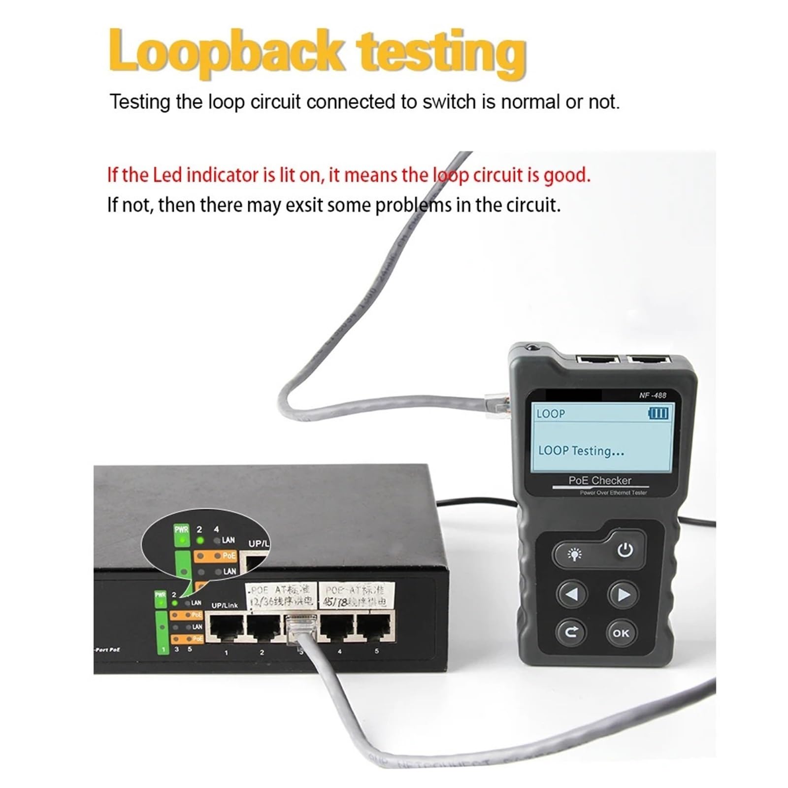 Tester kabli, Wielofunkcyjny tester kabli sieciowych LCD PoE Inline PoE Tester napięcia i prądu z testerem kabli Tester PoE