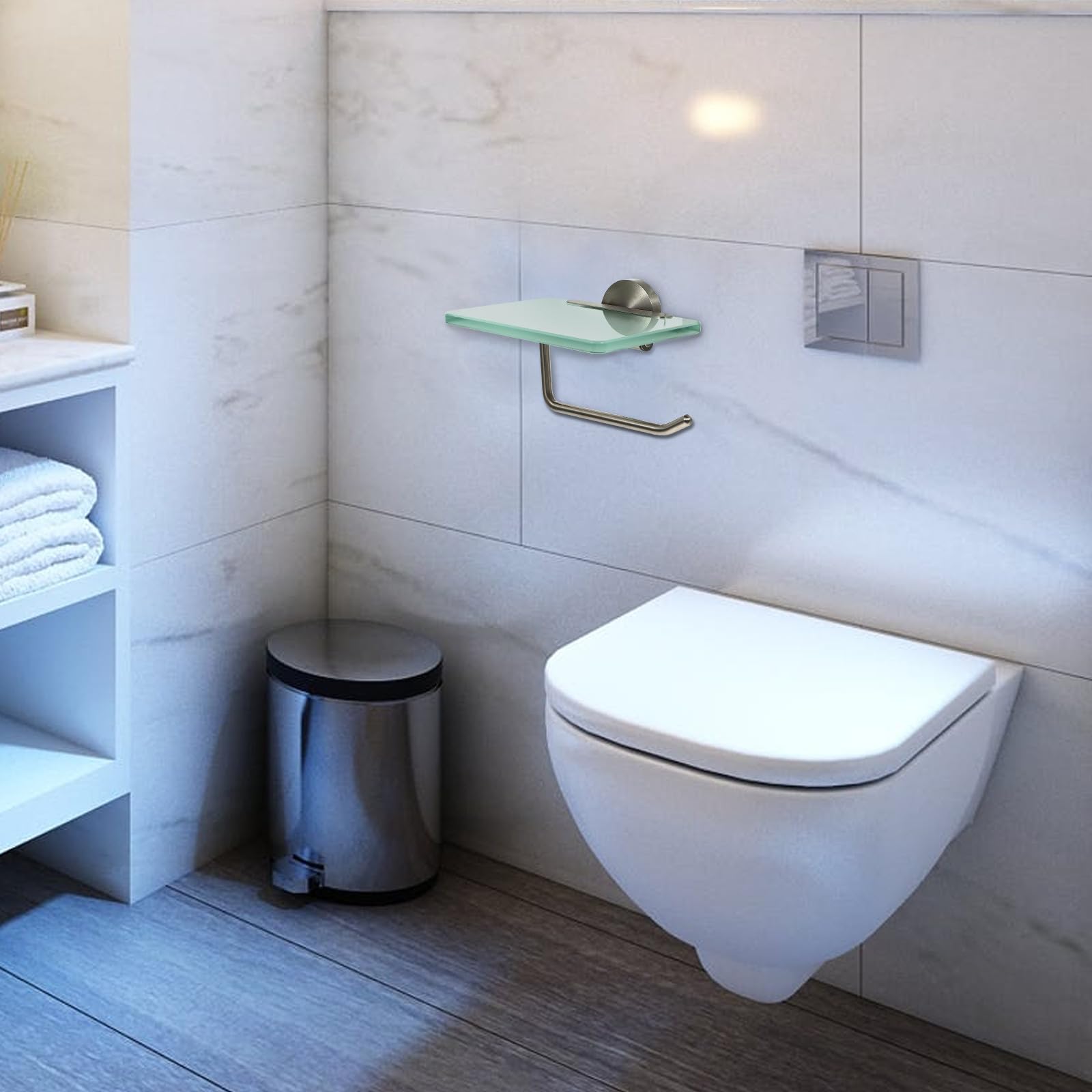 FOMIYES Portarotolo Mensola in Vetro da Muro in Acciaio Inossidabile Design Salvaspazio e Alta Stabilità per Bagno e Soggiorno Moderno