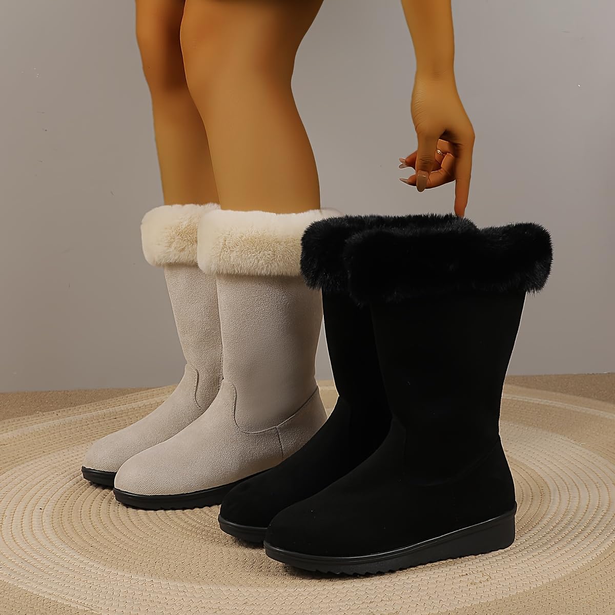 Women's Soft & Warm Fur Lining Casual Long Boots, Women's Mid Calf Suede Snow Booties Non-slip Fuzzy Winter Long Fur Boots with Side Zipper