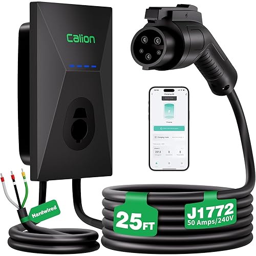 Calion Level 2 EV Charger-EV Wall-Mount Charger with 25FT Cable-Electric Vehicle Charging Station for J1772 EVs,50Amp,240V WiFi Electric Vehicle Charging Station,Hardwired for Electric Car