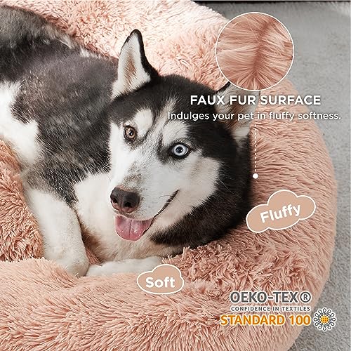 Image of Bedsure Calming Dog Beds Large Sized Dog Donut Washable Pet Bed,36ins Pink | Fluffy Faux Fur Round Cuddler,with Removable Washable Cover,Anti-Slip Bottom,Anti-Anxiety,Deep Sleeping for Pets Up to 80 Lbs