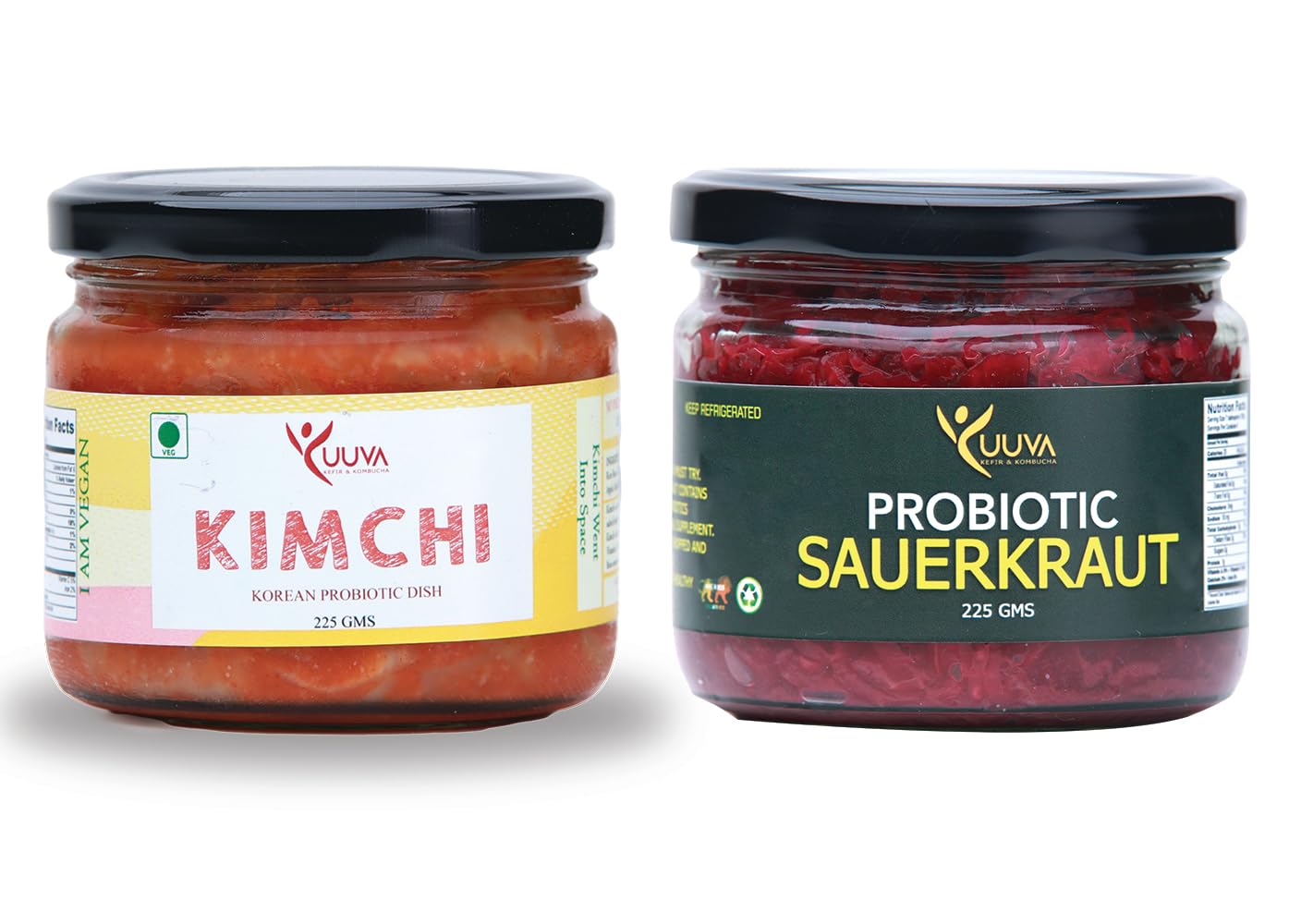 YUUVA Kimchi and Sauerkraut combo pack (225 gms x 2) 450 gms | 100% Veg | Traditionally & Naturally Fermented | 100% Veg | Traditionally & Naturally Fermented