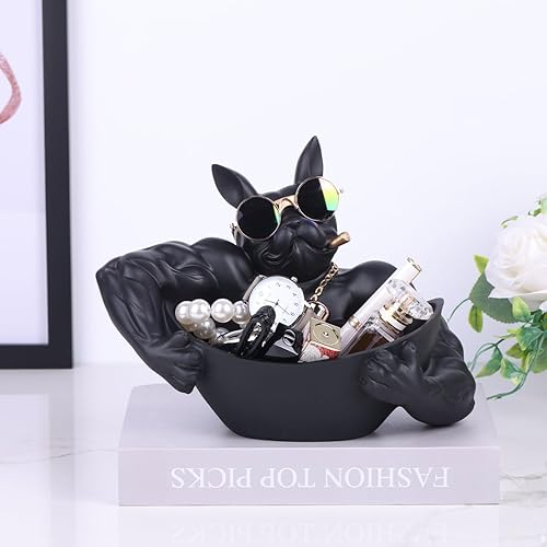 Miniatura 5 de Estatua de bulldog francés negro, cuenco para dulces y llavero, bandeja de almacenamiento de joyas, ideal para decoración moderna del hogar,