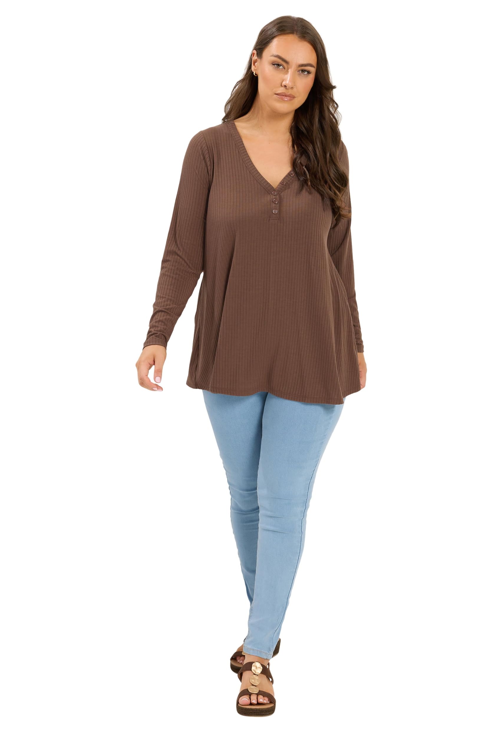 Yours Curve Chocolate Henley Swing Top - Women's - Plus Size Curve
