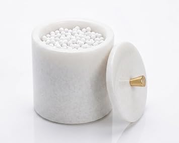Real White Marble Qtip Holder with Lid and Copper Knob Round Cotton Swab Container for Bathroom Vanity Natural Stone Organizer with Rubber Feet 4.3" Dia x 5.3" H 11 x 13.5 cm, 3.3 lbs