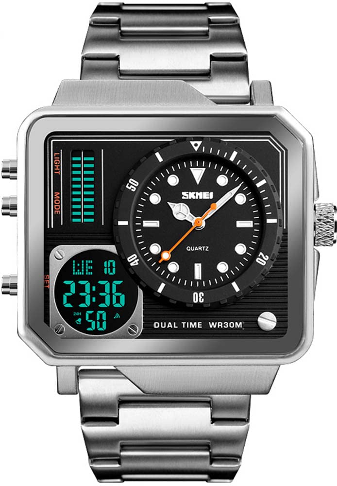 Orologio sportivo digitale da uomo, quadrante grande, in acciaio inox, con LED, analogico, al quarzo, con cronometro impermeabile multi-fuso orario, Argento, big, Digitale