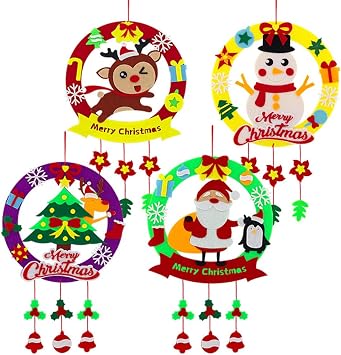Christmas Wreath DIY Handmade Kit Felt 4-Piece Set Entrance Flower Wreath Craft Kit for Children Christmas Present Handcrafted Christmas Decoration Craft Kit Santa Snowman Decoration