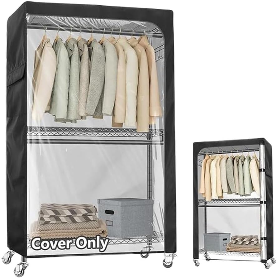 Garment Rack Cover Heavy Duty Waterproof Dustproof 210D Oxford Fabric Clothing Protector with Zipper and Clear for PVC Front Panel, Wardrobe Organizer (48x24x72inch)