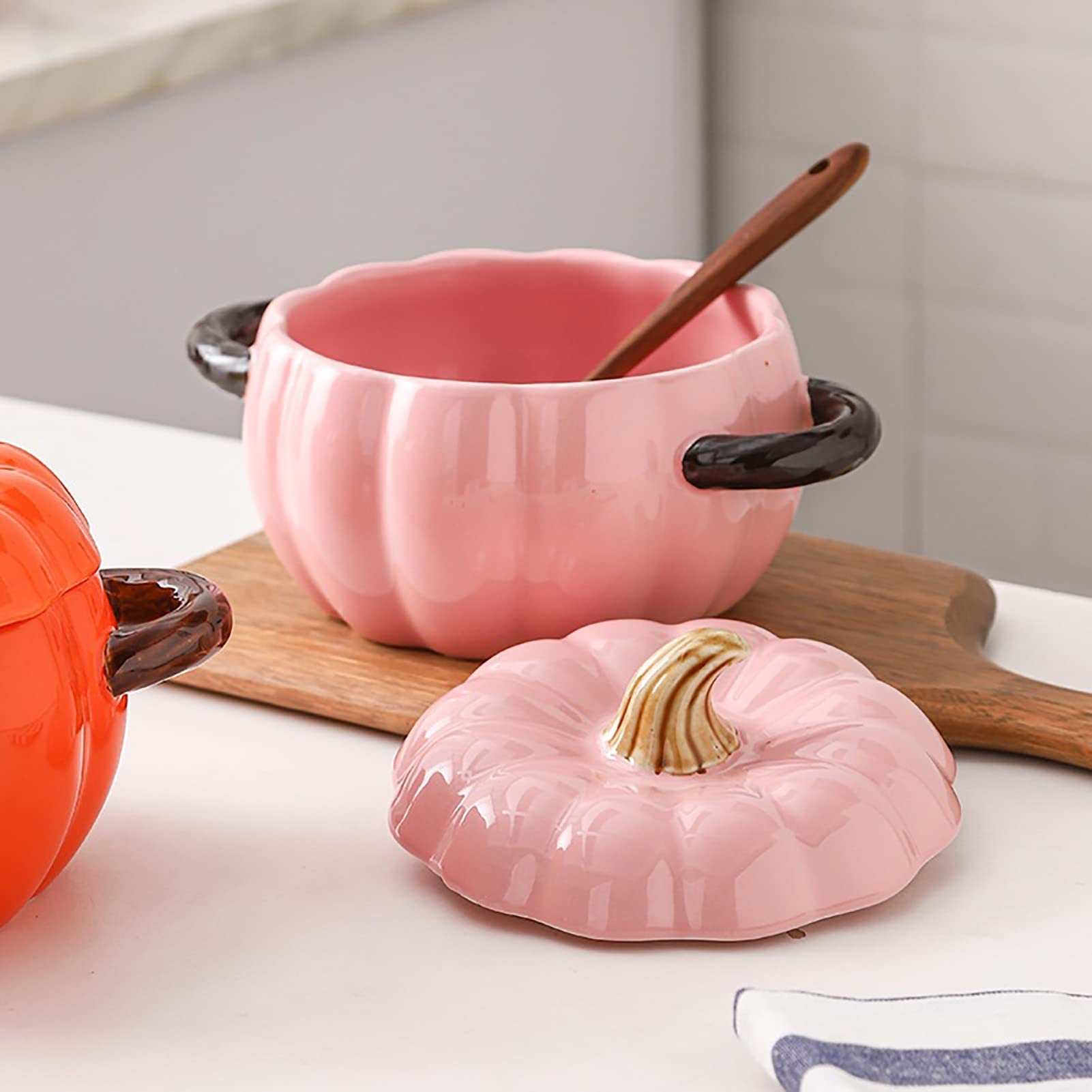 Gliniany Garnek Dynia Ceramiczny Garnek Z Pokrywką Miska Do Makaronu Instant Garnek Do Mikrofalówki Garnek Gliniany Podwójne Uchwyty Do Akademików(Red)