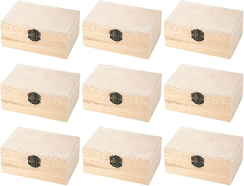 12 cajas de almacenamiento rectangulares de madera de pino vintage con tapa con bisagras y hebilla frontal, caja de recuerdos pequeña de 5.8 x 3.8 x