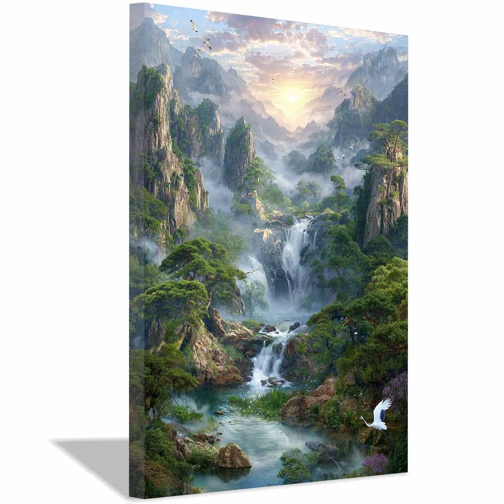 HUYEEI Landscape Wall Art Mountain Waterfall Scenery Modern Canvas Print On Artwork, Suitable for living room, bedroom, for Kids Room Decoretc.(green)-70x100cm Framed