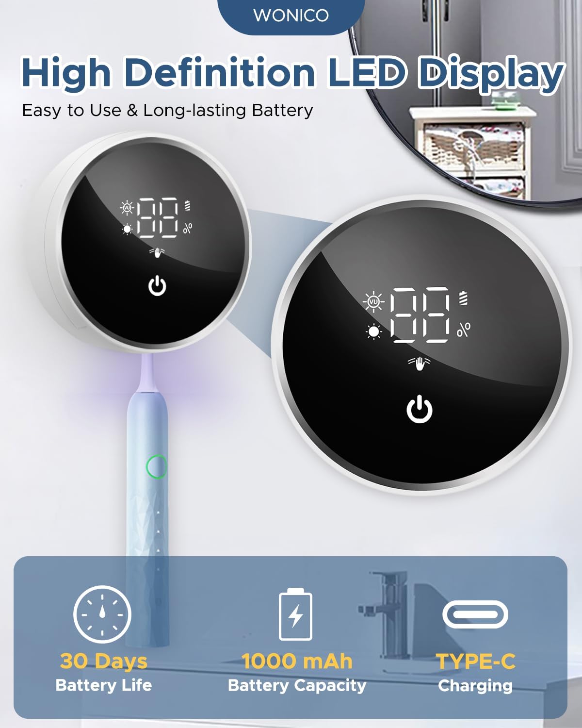 LED display showing battery and charging via USB-C