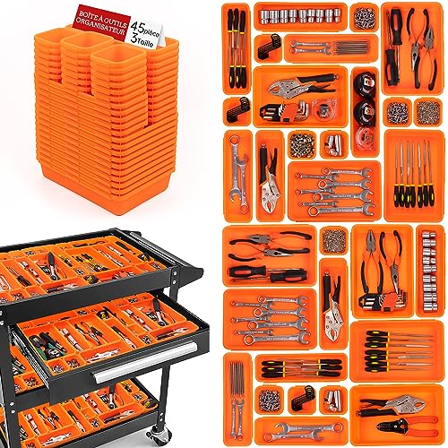 Lot de 45 boîtes caisse a outil organisateur tiroir, pour vis, bricolage, servante d'atelier boite plastique, rangement et organisation de etabli, garage - orange