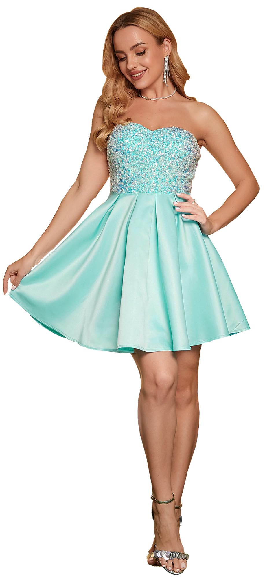 Angel-fashions Mujer Vestido de Cóctel Corto Elegante de Línea A con Lentejuelas y Sin Tirantes
