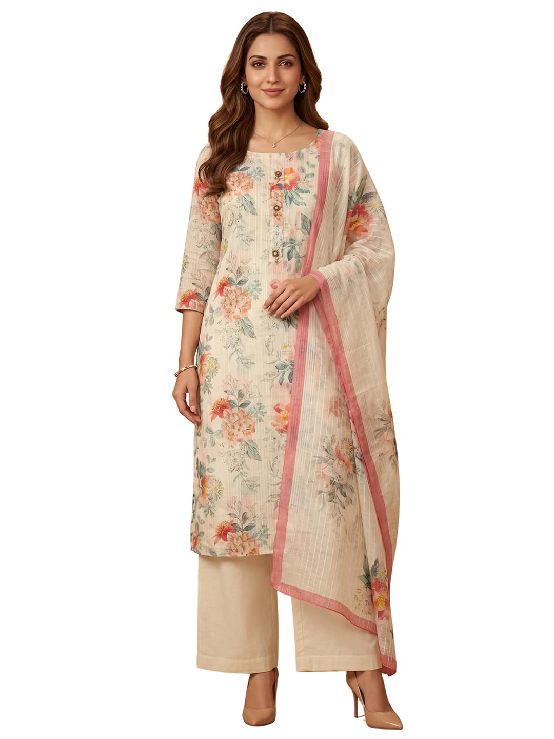 Printed Linen Dress Material | Unstitched Suit Set with Santoon Bottom, Linen Dupatta for Women-image-0
