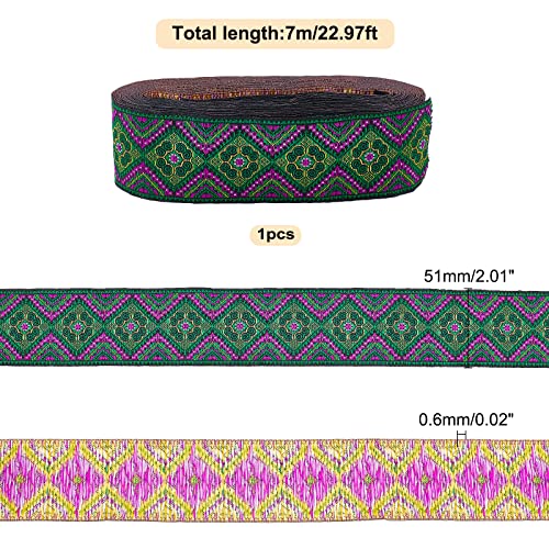 Fingerinspire 7.7 Yard 2 Inch 51Mm Ethnic Embroidery Ribbons Dark Green Jacquard Ribbon With Flower And Geometric Pattern, Vintage Woven Fabric Trim For Garment Accessories, Diy Crafts And Bow Making #TOP1