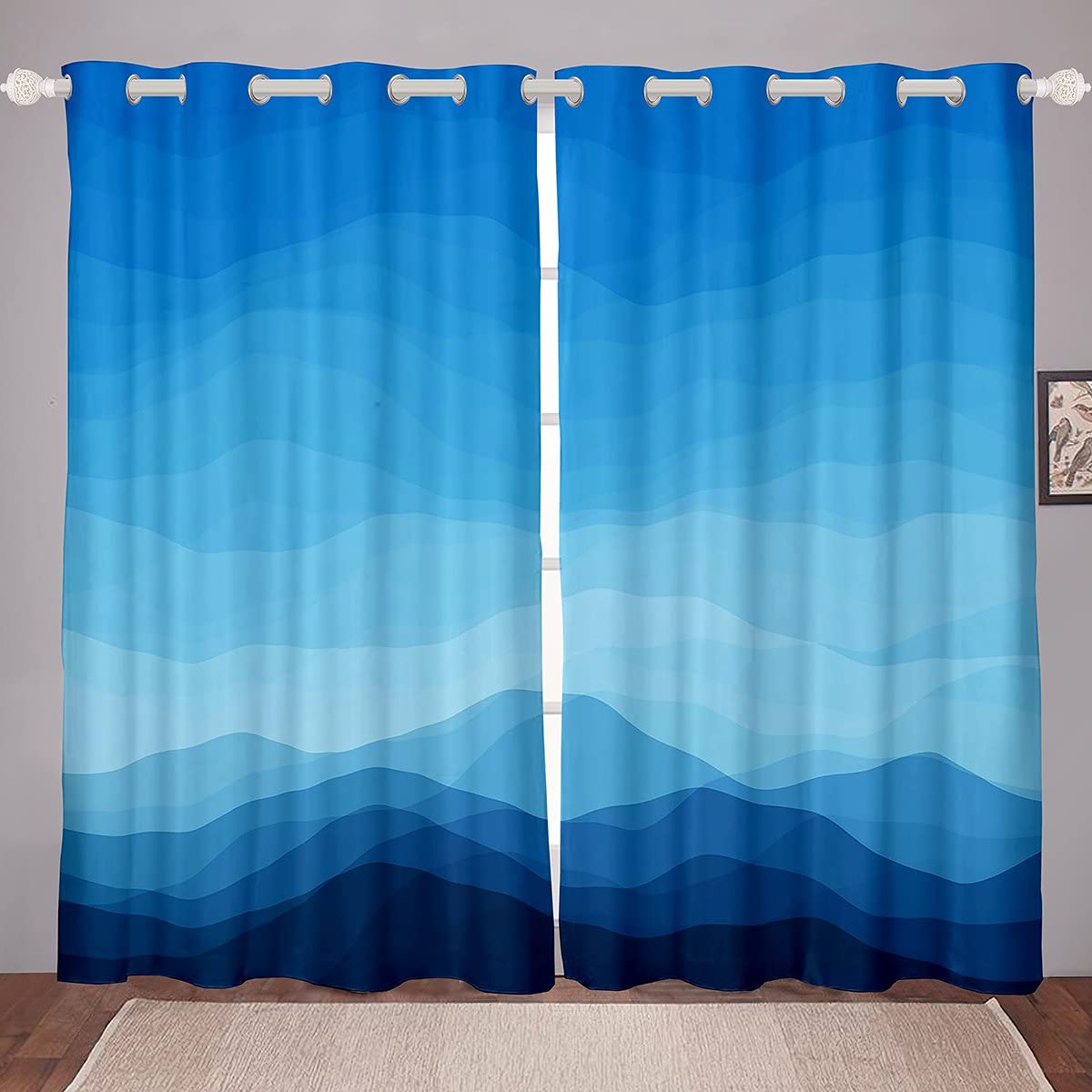 Wave Ombre Striped Curtains Ombre Effects Window Curtains for Bedroom Living Room Kids Girls Boys Gradient Blue Window Drapes,W66*L72