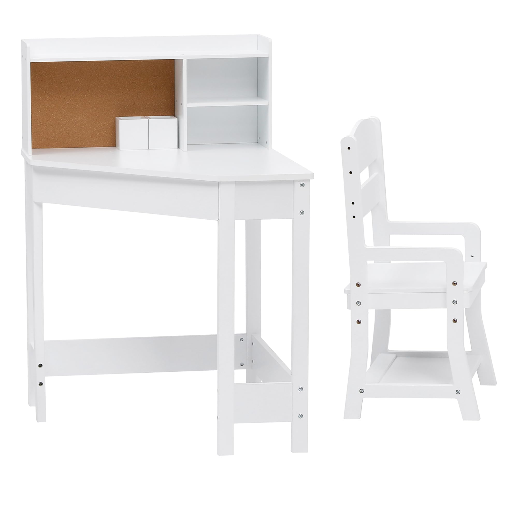 Platzsparendes Kinder-Eckschreibtisch-Set mit Stuhl – mit Regalaufsatz (Hutch), Kork-Pinnwand & Stiftehalter – Lern- & Hausaufgabentisch, Weiß